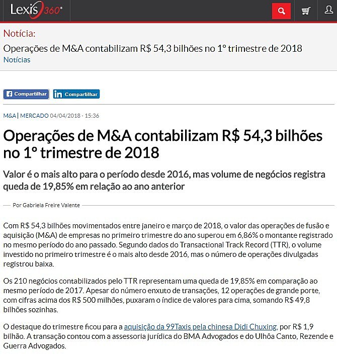 Operaes de M&A contabilizam R$ 54,3 bilhes no 1 trimestre de 2018